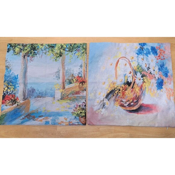 2 Oil Painting Print Decorative Throw Pillow Covers 17.5" Sq Floral Landscape - Picture 1 of 9